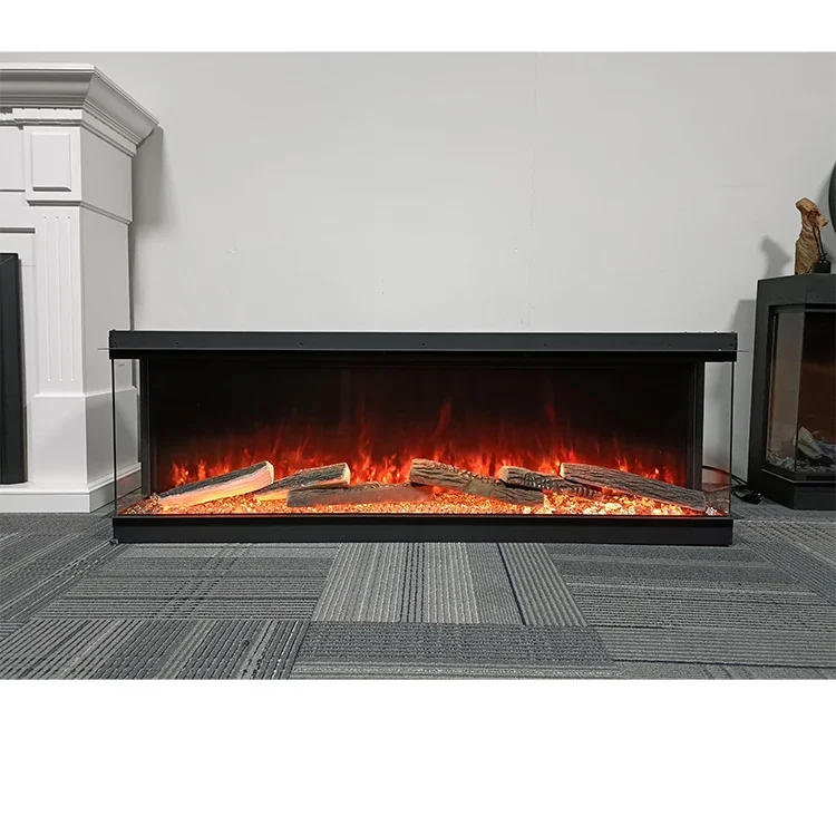 Electric Fireplace60 Inch Modern Cast Iron Electric Fireplace 3 Sided Glass Stunning Flames Diamond Crush Fireplace Log