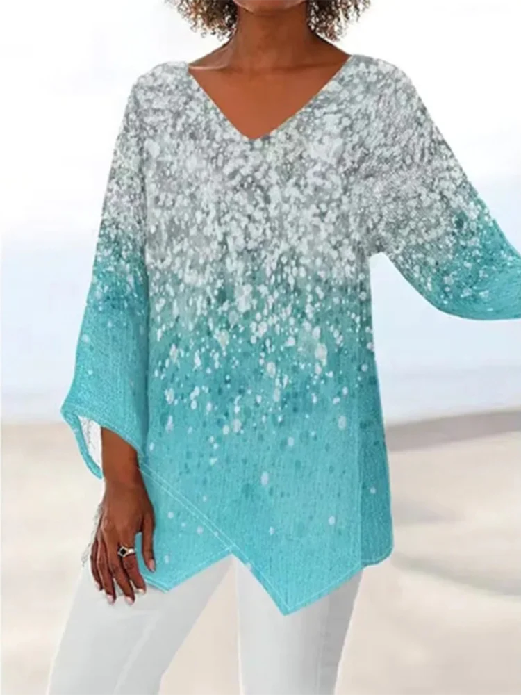 Autumn New V-neck Long Sleeved Irregular Printed T-shirt Fashionable Street Dating Elegant Women\'s Top