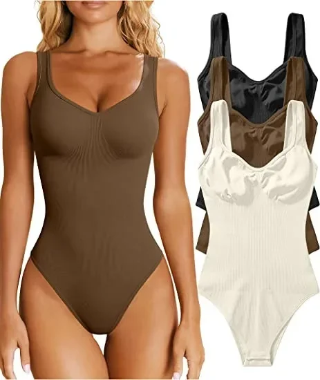 Shapewear sem costura para mulheres, pescoço quadrado, controle de barriga, tanga shaper do corpo, tops sexy com nervuras, macacão emagrecedor, 2023