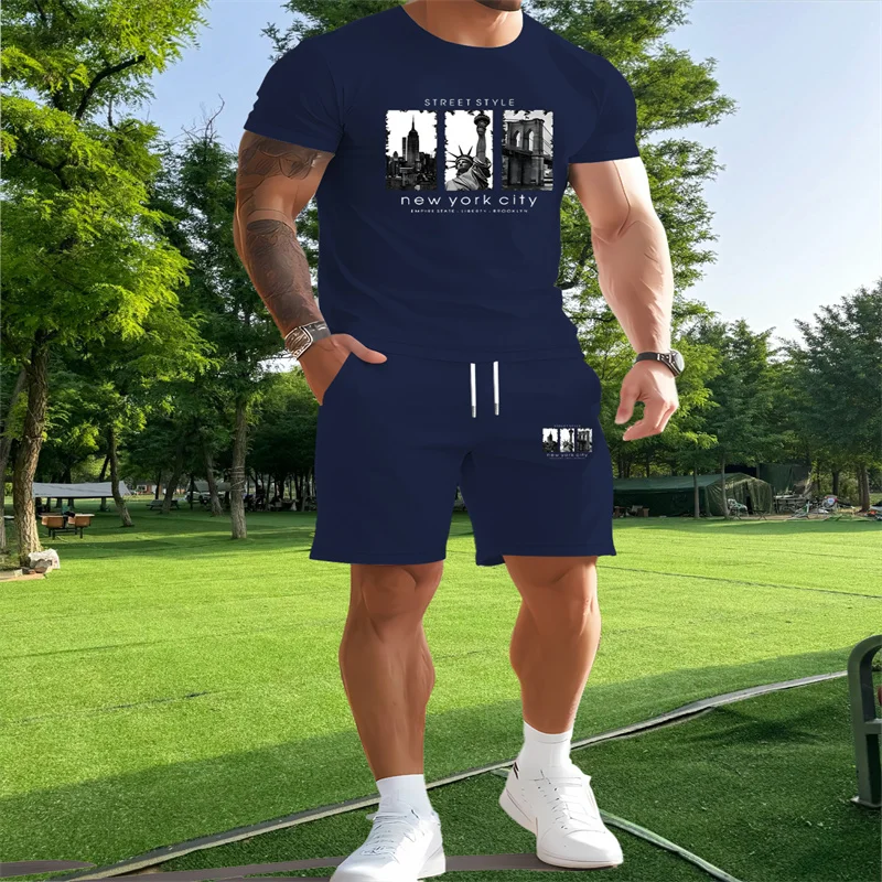 

2025 Summer Sports Set Round Neck Short Sleeve T-shirt Drawstring Shorts Set Slim Fashion Two Piece Set Men's Clothing
