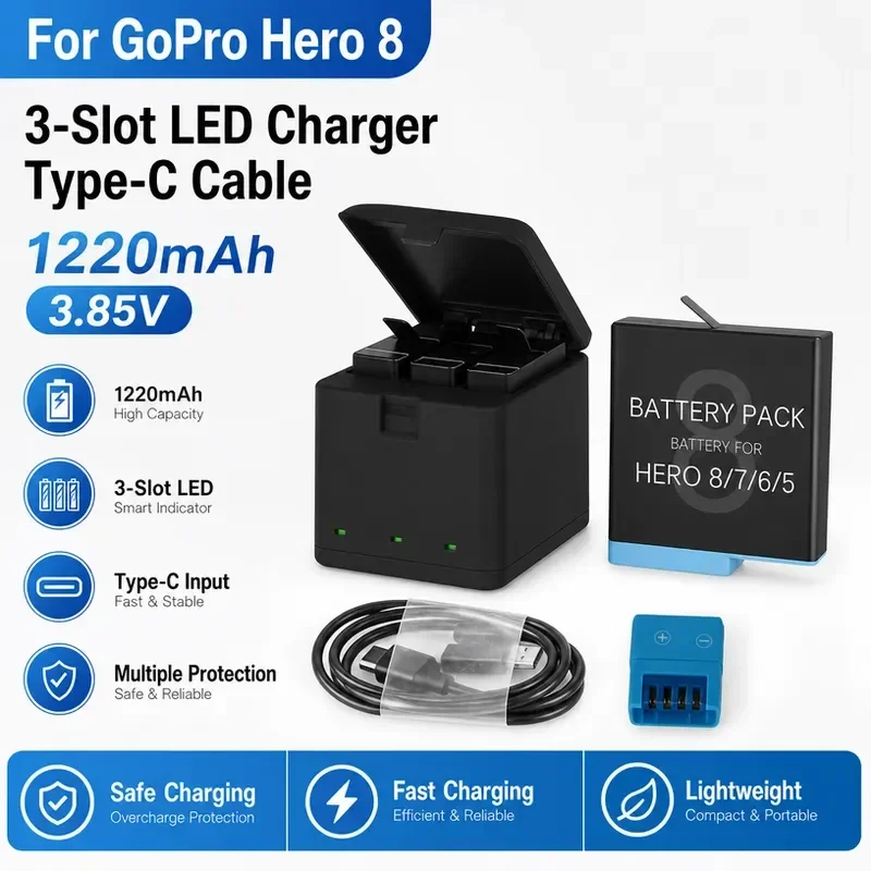 [New] 3.85V 1220mAh for Hero 8 Camera Battery+3 Slots LED Light Charger Type C Cable for Hero 5 6 7 8 Black