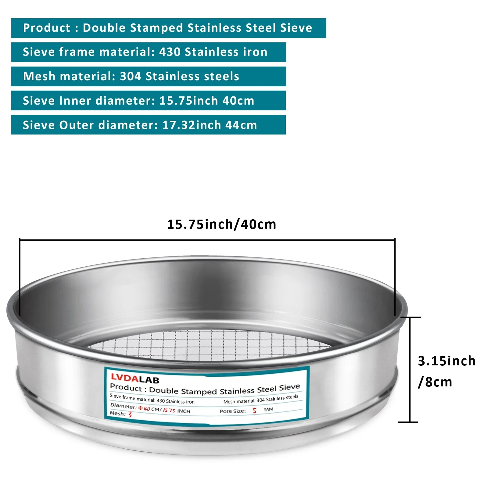 Professional 40cm Sieve, 3-2000 Mesh Range Testing Sieve, Durable 430 Steel Frame with 304 Stainless Steel Precision Mesh