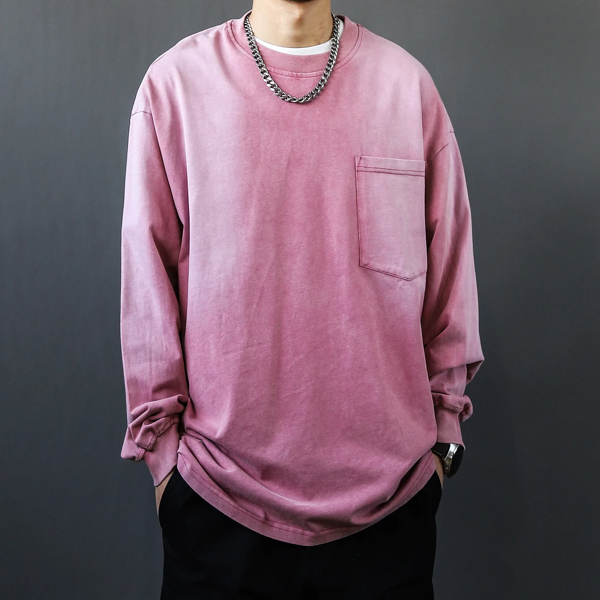 Japanese Retro Washed Vintage Long Sleeved T-shirt for Men's Basic Style Pure Cotton Loose Round Neck Top Trendy