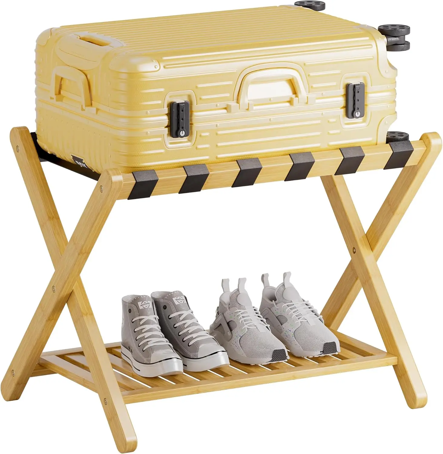 

Foldable Bamboo Luggage Rack with Storage Shelf, Heavy Duty Suitcase Stand for Bedroom Hotel Guest Room, Natural