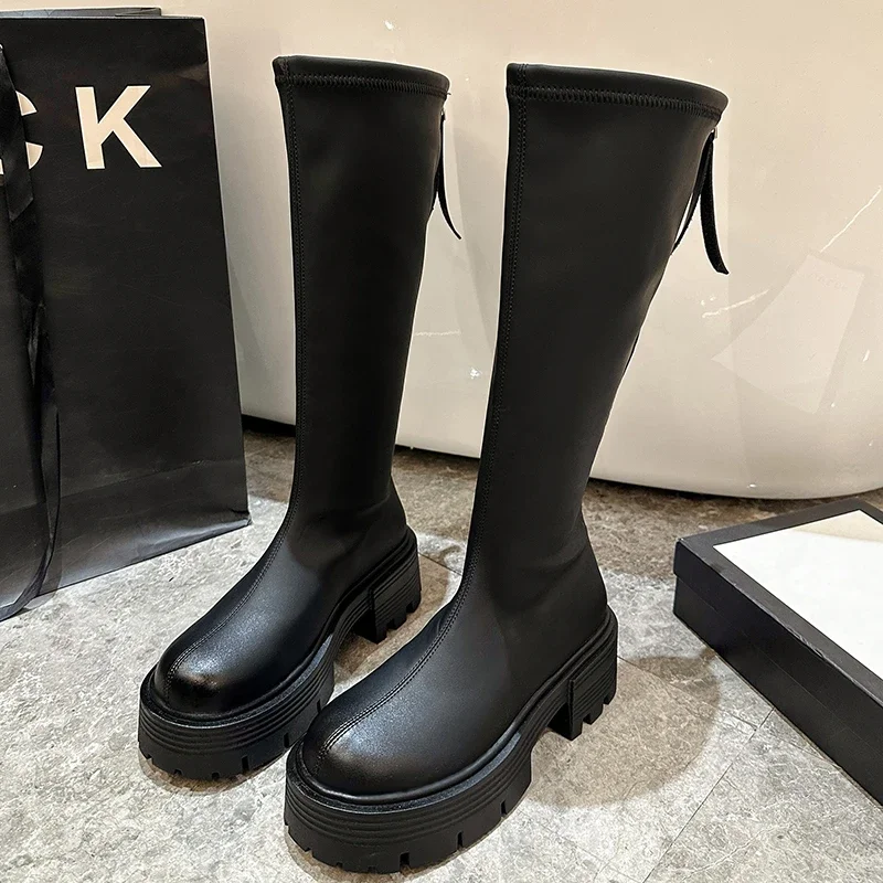 

Knee High Woman Boots Thick Sole Plaform Spring Winter Knight Combat Gothic Elegant High Heel Women's Shoes Motorcycle Footwear