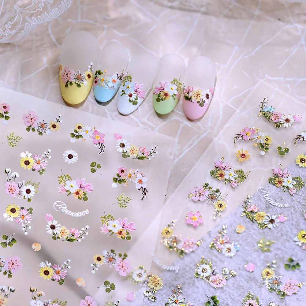 1pc 5D Relief Colorful Daisy Flower Nail Decals Spring Floral Nail Art Stickers Ultra-Thin Nail Wraps For Daily Wear Vacation *&