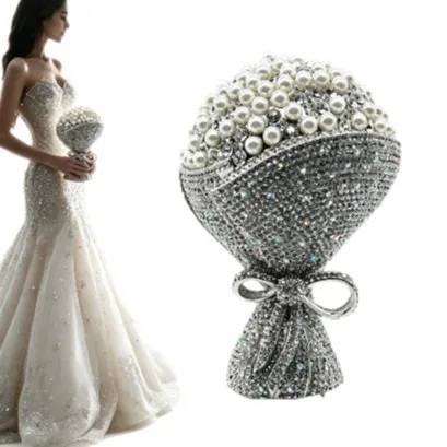 Ins Wedding Bouquet Shape Diamond Inlay Dinner Bag Shiny Bow Full Diamond Handbag Banquet Wedding Party Mini Rhinestone Bag
