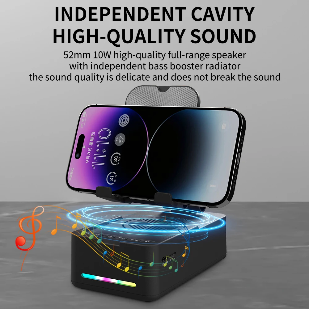 Foldable Stand for Mobile Phones and Tablets, Portable Bluetooth Speaker 1800mAh long battery life, Wireless Charging for Phone