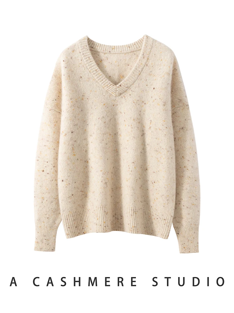 TLOML Women's 100% Cashmere Sweater V-Neck Flower Yarn Color Dot Pullover Autumn Winter Cashmere Knitwear Soft Warm Thicken Tops