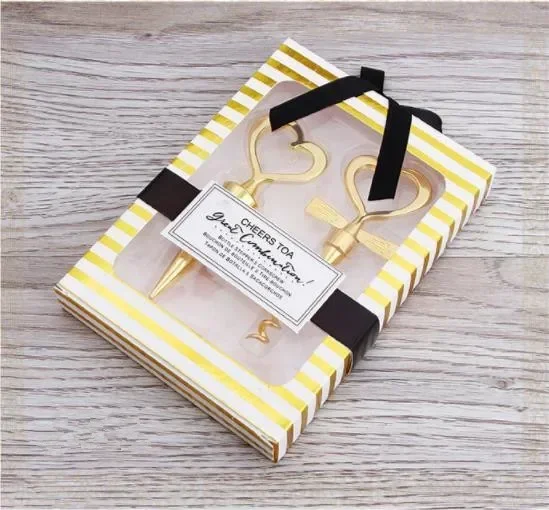 Image of 10er-Set Goldene Herzförmige Wein- und Getränkeflaschenverschlüsse mit Korkenzieher-Öffner-Set als Souvenir