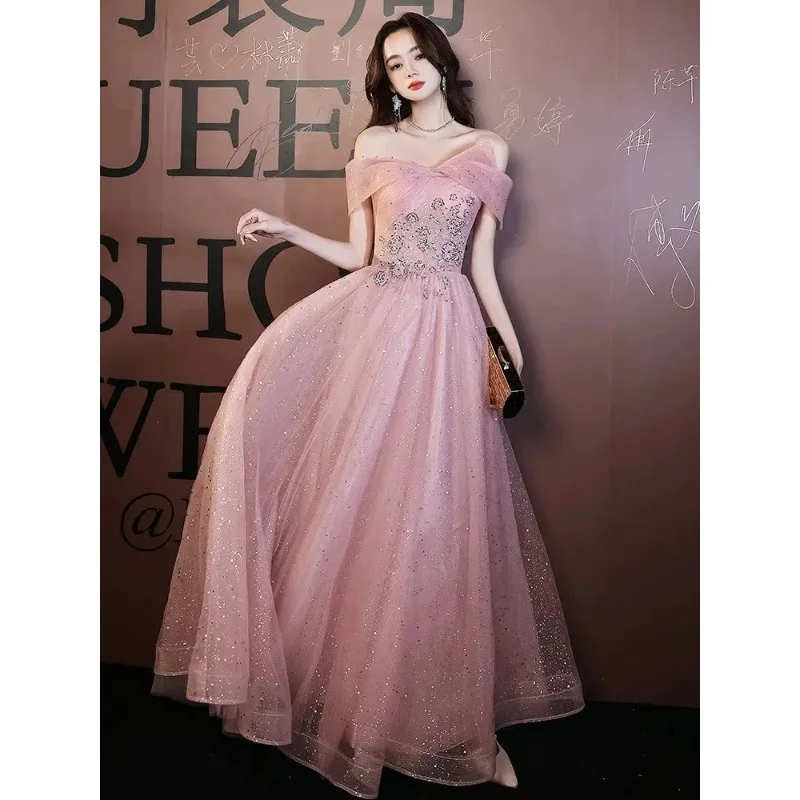 エレガントなピンクのオフショルダーグリッタースパンコールイブニングドレス 2025 高級チュールボールガウンパーティードレス Vestdos De Fiesta カスタマイズ