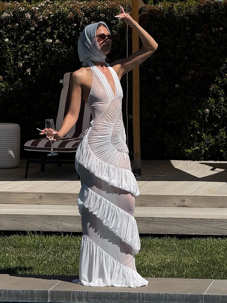 Gala Dreamy Glamour Sheer White Ruffle Halter Backless Dress para Gardem Party Sexy Dress