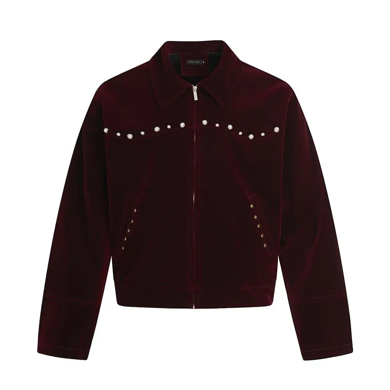 

Fashion Design Oversized Velour Jacket With Pearls Loose Fit High Street Y2K Velvet Coat For Male Baggy Outerwear