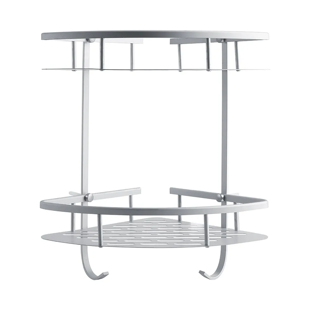 Durable Silver Dual Tier Caddy Compact with Towel Holder, Corner Shelf Aluminum Storage Rack for Shower