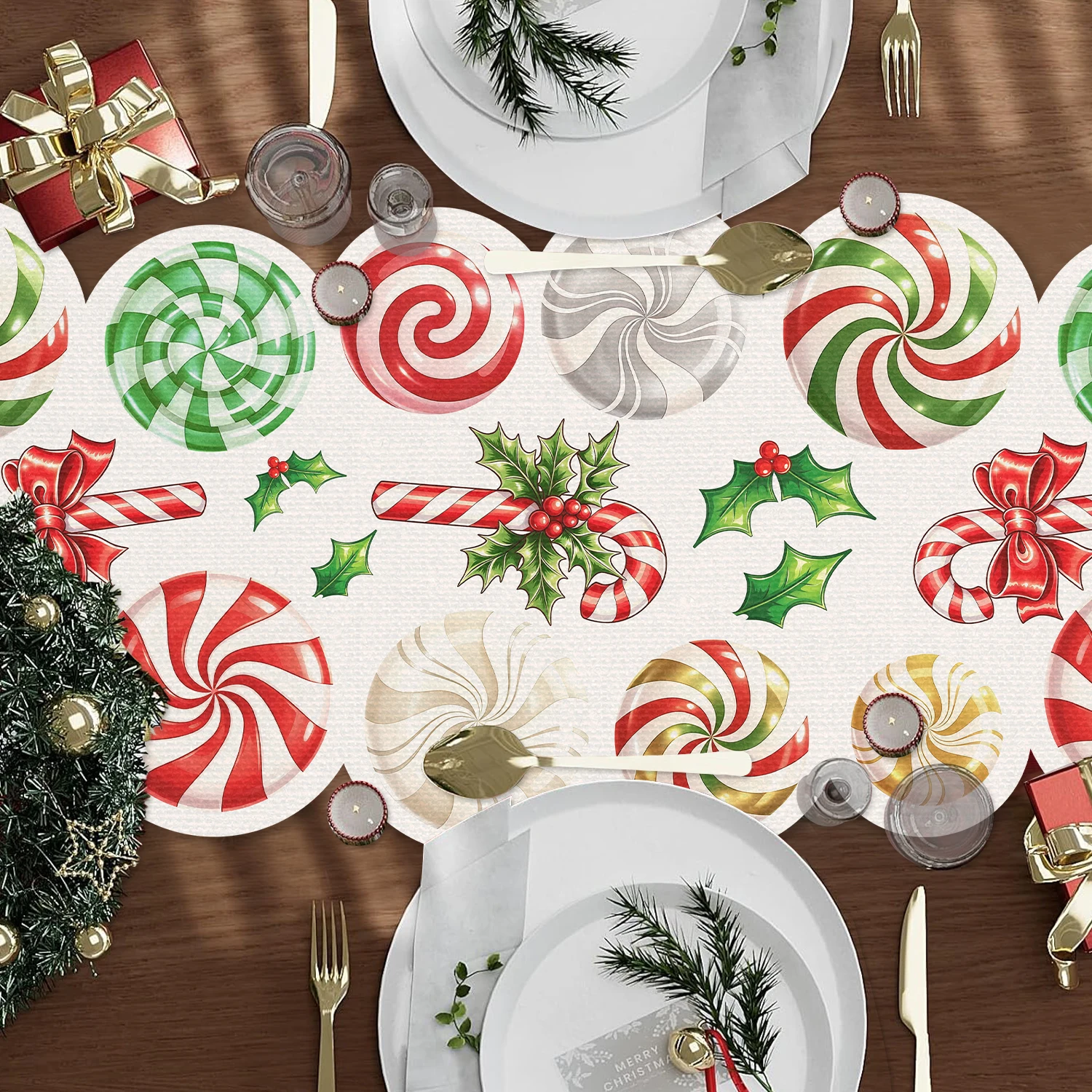 Christmas Table Runner Candy Cane Peppermint Holly Design Scalloped Edge Polyester Table Cover for Xmas Dinner Party Home Table