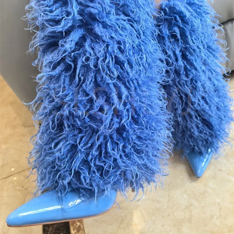 Fashion Candy Colored Plush Knee High Boots Sexy Orange Purple Winter Pointed High-heel Boots 35-43 Magazine Model Women's Shoes image 4