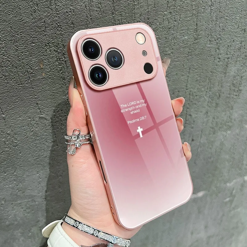 

Sacred Cross Design Pink Metallic Tempered Glass Phone Case For iPhone 17 16 15 14 13 12 11 Pro Max 15 14 Plus 17 Air 16E Cover