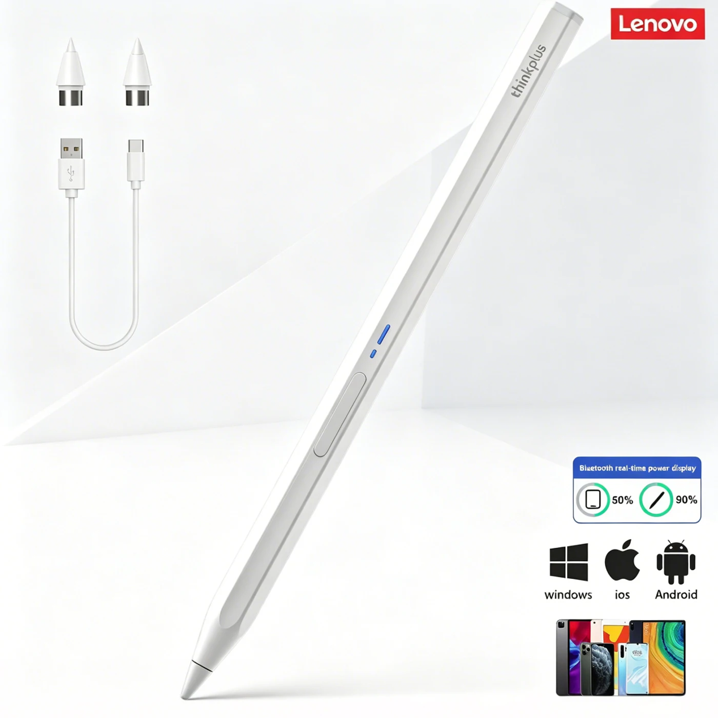 Caneta Stylus Universal Original Lenovo Thinkplus com Controle Bluetooth para Uso em Escritório, Desenho e Controle por Toque, Compatível com Sistemas iOS, Android, Windows, Tablets, Laptops e Celulares para Samsung, Xiaomi, Apple, ZTE, HP, Huawei, Honor 