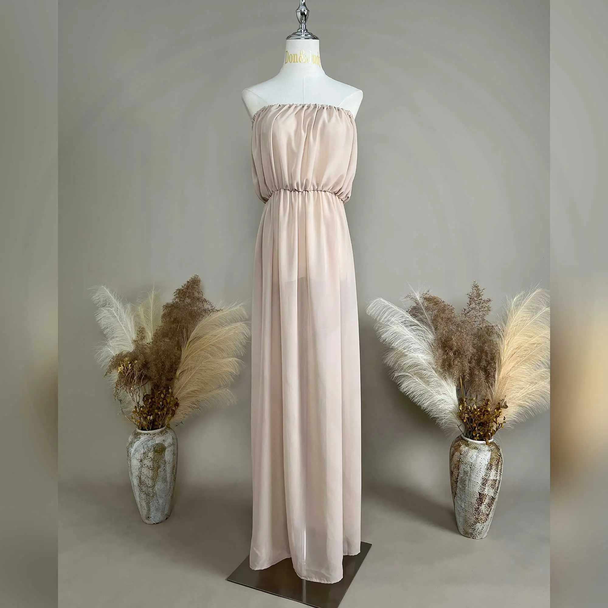 Don&Judy Blush Pink Chiffon Strapless Evening Gown with Elastic Waist and Flowy Maxi Dress Maternity or Non-maternity Gown view 3