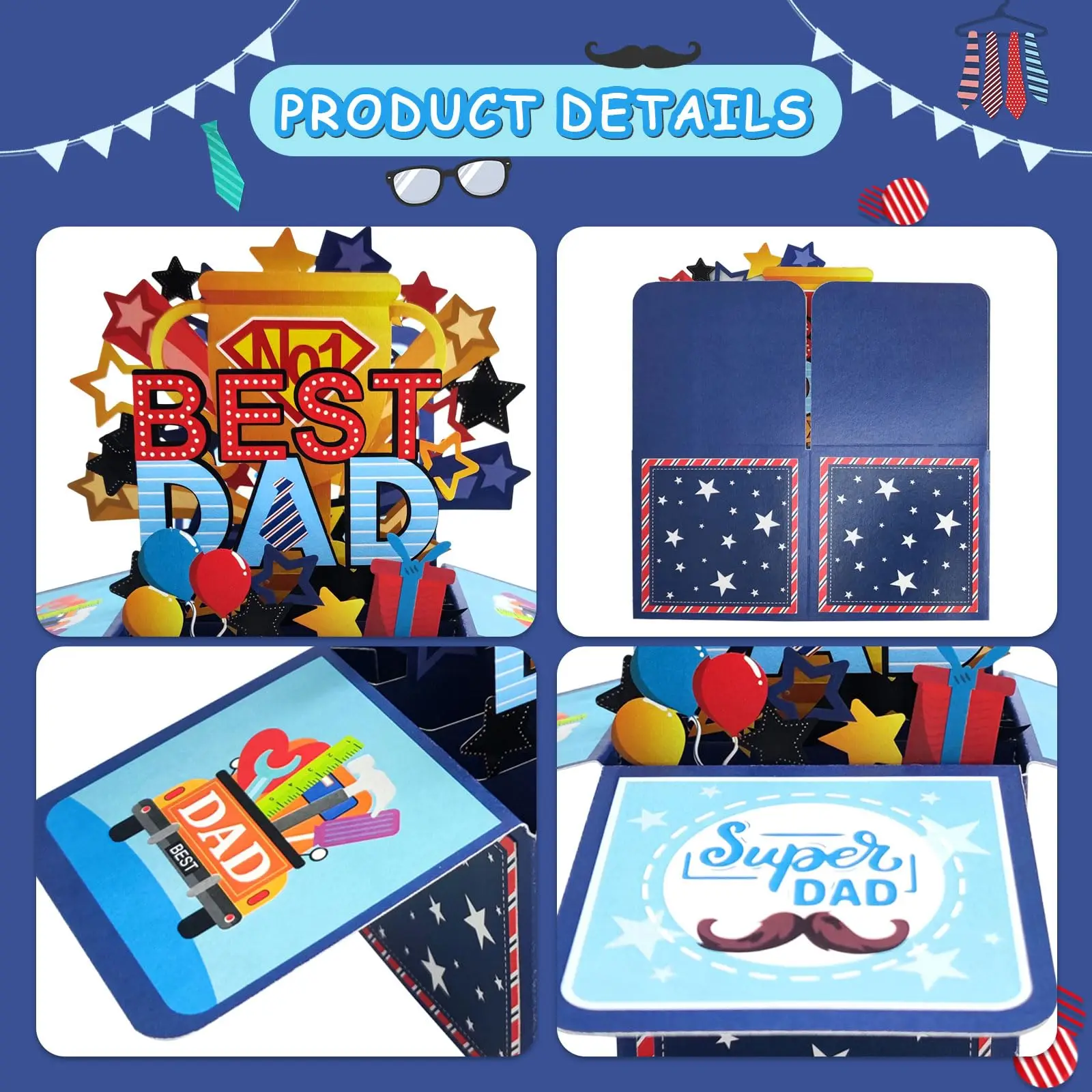 Carte de fête des pères pop-up 3D faite à la main, meilleur cadeau d'anniversaire pour papa avec note et enveloppe – Carte de remerciement pour papa de fille et fils