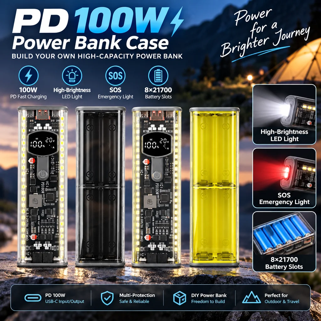 PD100W Super Fast Charging Power Bank Case Solder-Free 8-Cell 21700 Battery Box Transparent Storage Case with USB +Type-C Ports