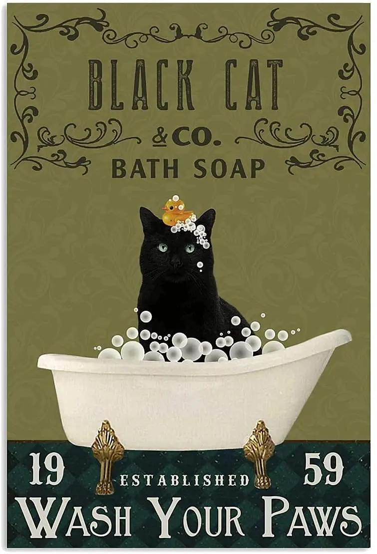 Bathtub Cat Retro Metal Tin Sign, Black Cat Bath Soap Bubble Poster Vintage Toilet Cave Bar Home Bathroom Wall Decoration Sign 8