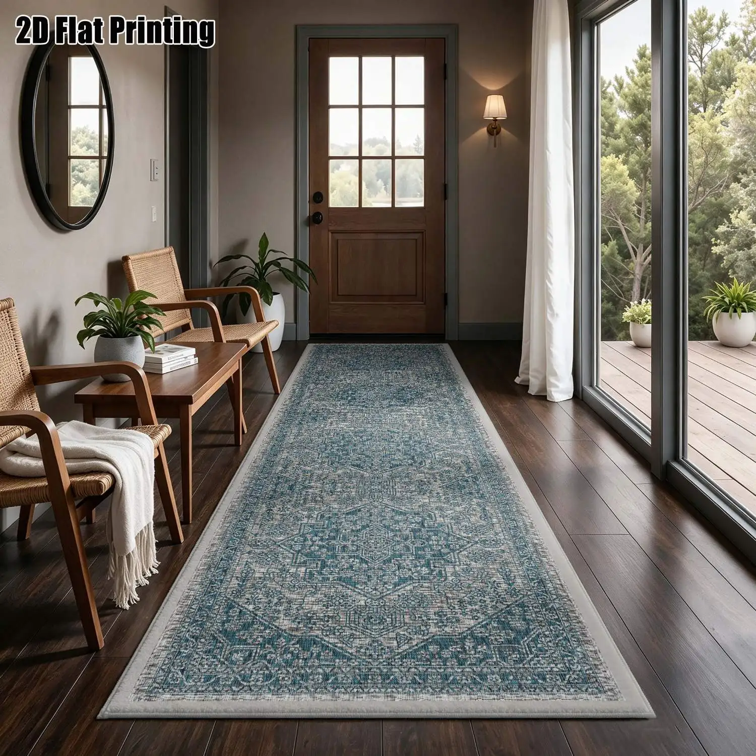 1Pc 2D Printed Long Strip Runner Carpet: Blue-Grey Geometric Pattern, European/Bohemian/Retro Style, Machine Washable, Multi-Size, for Hallway/Entrance/Living Room/Bedroom Home Decor