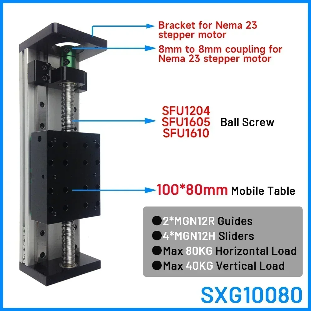 80mm Width Double Rail Sliding Table XYZ Axis CNC Ball Screw Linear Guide Table 4 Sliders SFU 1204/1605/1610 80KG Load