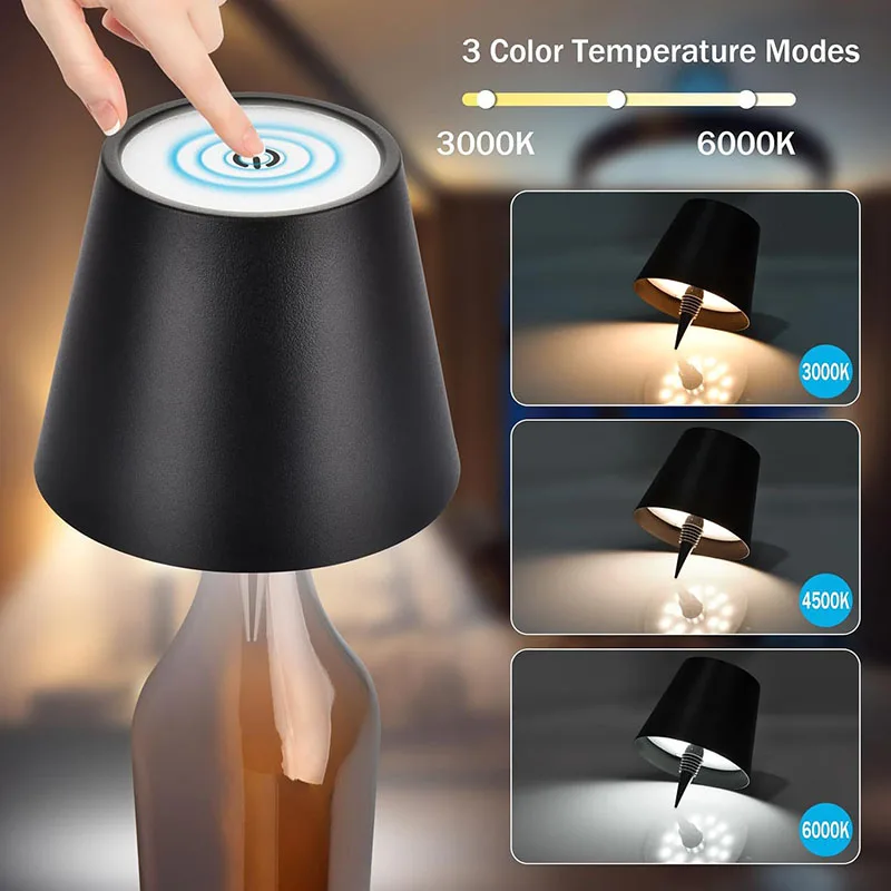 Wireless Bottle Table Lamp Touch Control of 3 Colors Stepless Dimming Night Lamp Suitable for Bar Wine Bottles Desk Lights