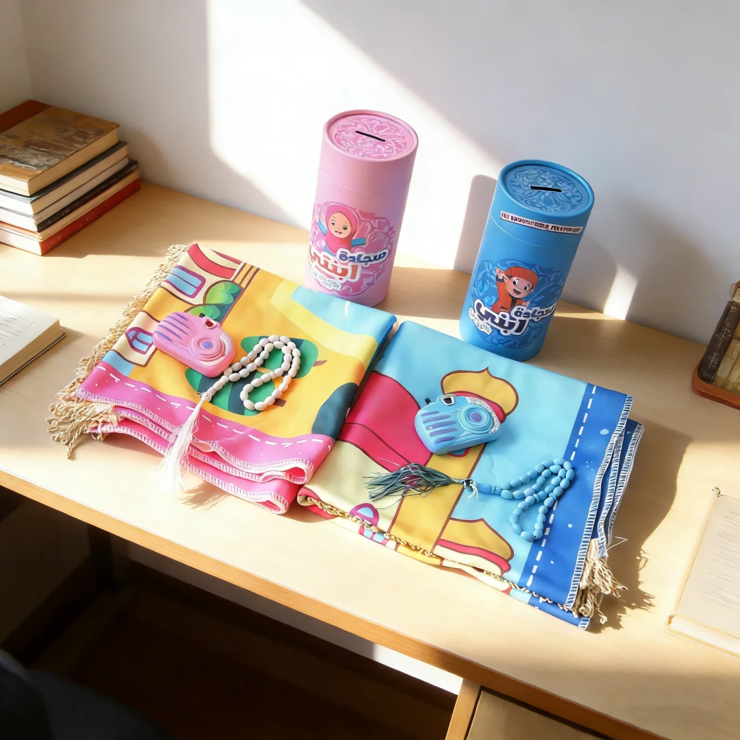 Printed Velvet Kids' Prayer Mat, Foldable Cartoon‑styled Portable Children's Prayer Rug with Cylinder‑shaped Storage Bucket