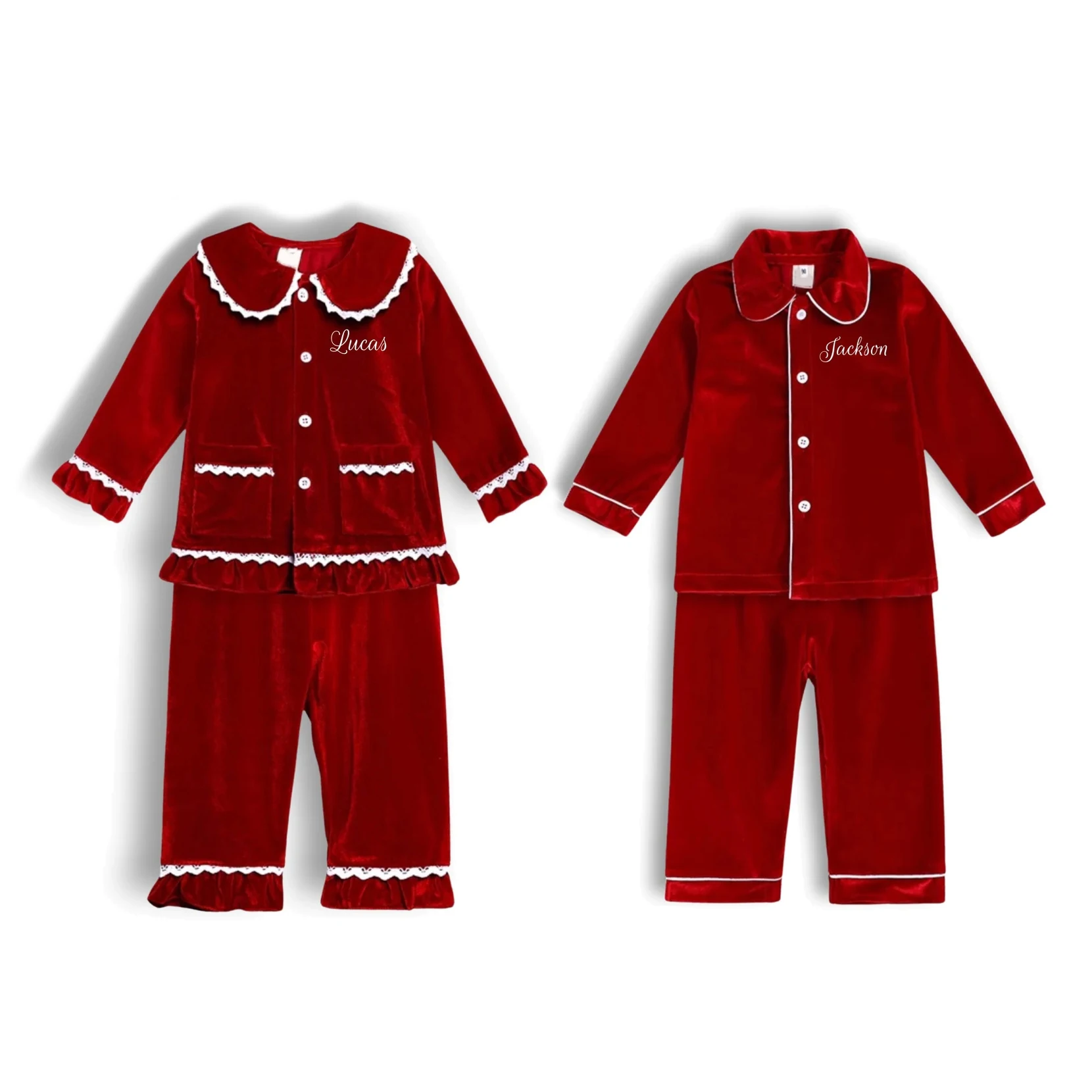 Family Christmas Pyjamas Velvet Matching Boys and Girls Pjs Loungewear Red Baby Toddler Sleepwear Button Up Pajamas Set