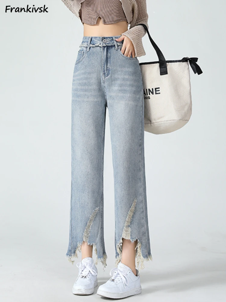 

Asymmetrical Jeans Women Wide Leg Japanese Style Loose Frayed Vintage Washed High Street Retro Leisure Youthful Vitality Summer