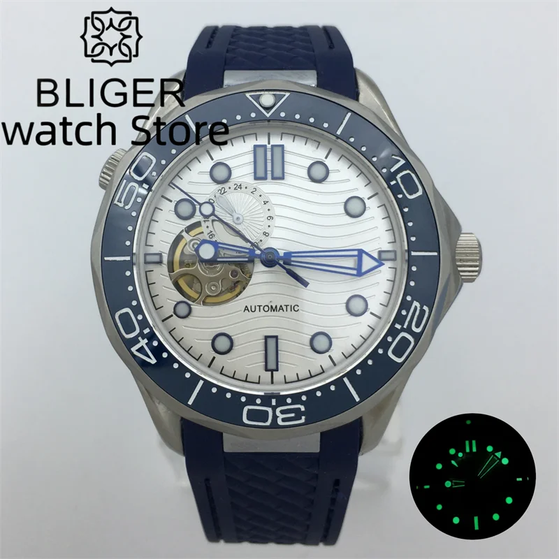 BLIGER NH39 Automatic Men's Watch White dial Sapphire water glass ceramic bezel 24-hour one-way bezel Rubber band Green luminous