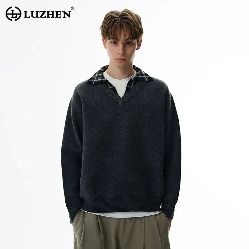 

LUZHEN Fashion Fake Two Piece Design Plaid Neck Splicing Long Sleeve Knitted Pullover 2025 New Handsome Casual Sweater JY4815