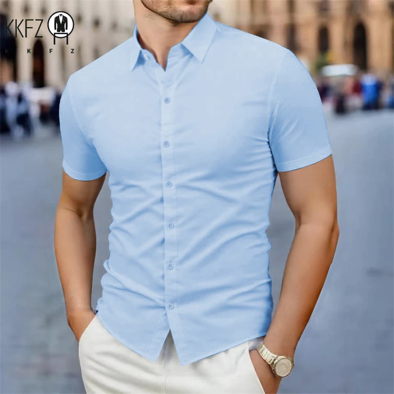Camisa de manga corta de Color sólido informal de negocios para hombres Moda de verano Sin planchar Top versátil cómodo para hombres
