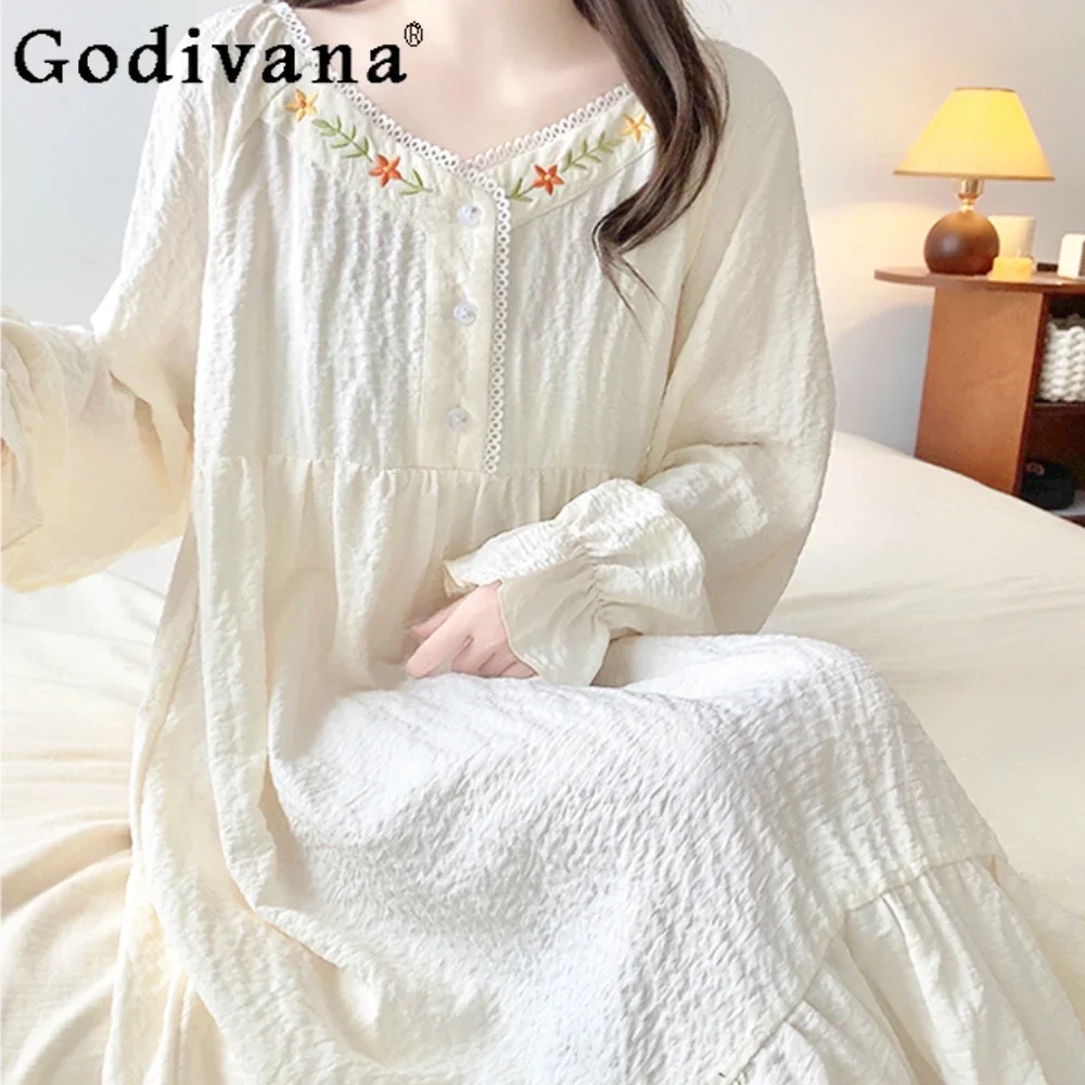 

Court Style Women's Sleepwear Cotton Nightgown Pajamas Spring and Autumn Long Sleeves Chest Pad Integrated Nightdress