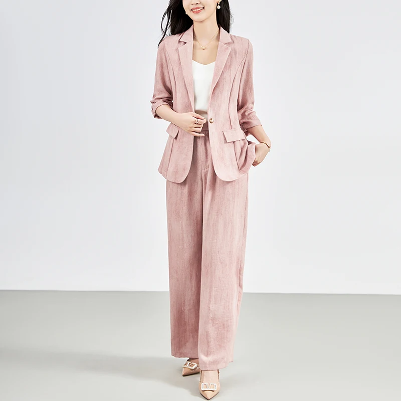 

45% Linen Elegant Pants Sets For Women 2 Pieces Three Quarter Sleeve Suit Coat And Wide Leg Pants Office Lady Two Piece Sets