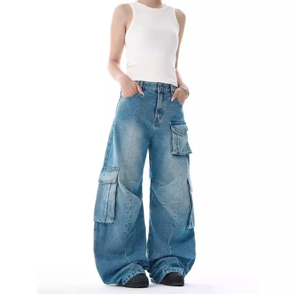女性のブルーカーゴだぶだぶのジーンズ Y2K アメリカのハイストリート 2000S スタイル原宿美的ヴィンテージジーンズパンツズボン服新しい