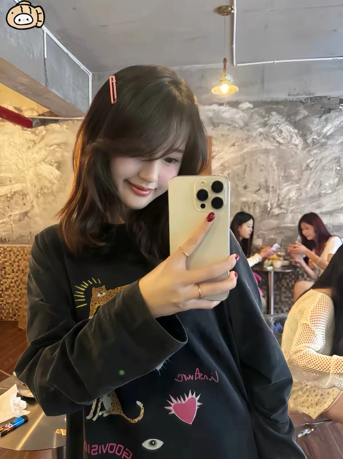 Washed Pure Cotton Long Sleeve T-Shirt Korean Japanese Style Money Leopard Cartoon Print Loose Fit Black Casual Trendy Women'...