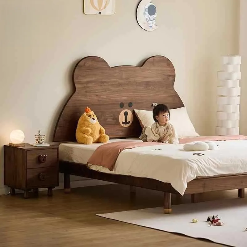 Nordic black walnut all solid wood children's bed boys and girls 1.2 bedroom under1.5 single  bear