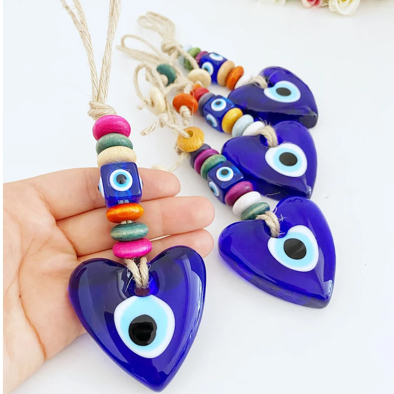 

Lucky Eye Glass Star Heart Shape Pendant Wall Hanging Keychain Braided Rope Evil Eye Bead Key Chain Car Keyring for Women Gift