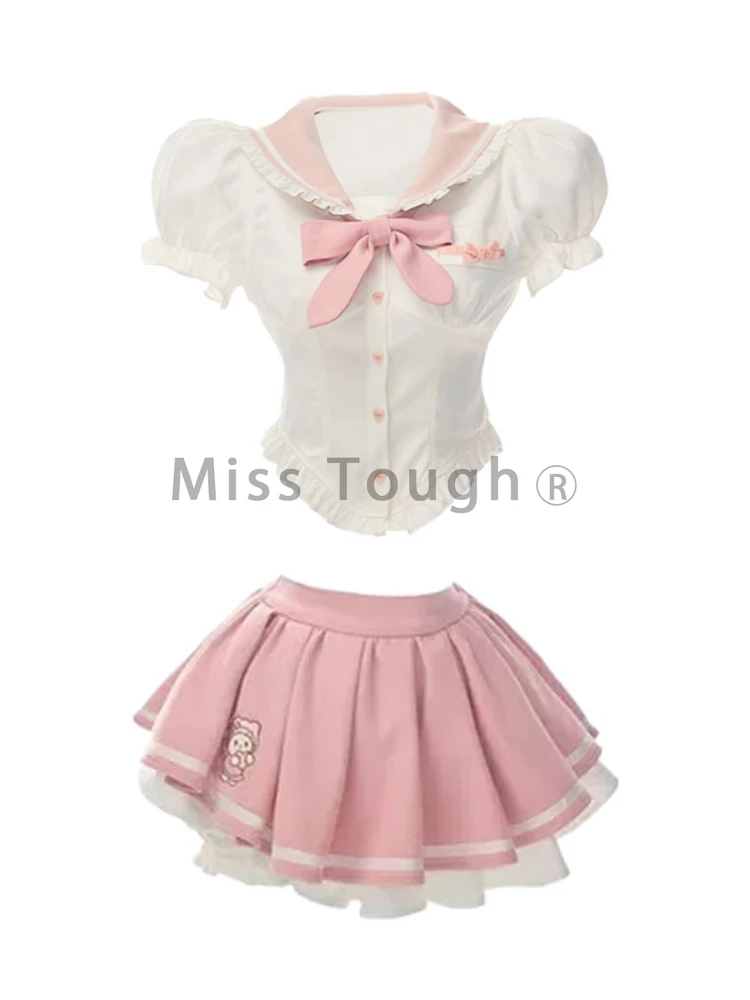 College Style Kawaii Sweet Two Piece Set Women Elegant Shirt Puffy+ Cake Skirt Suit Summer Japanese Jk Uniform Sailor Collar Set