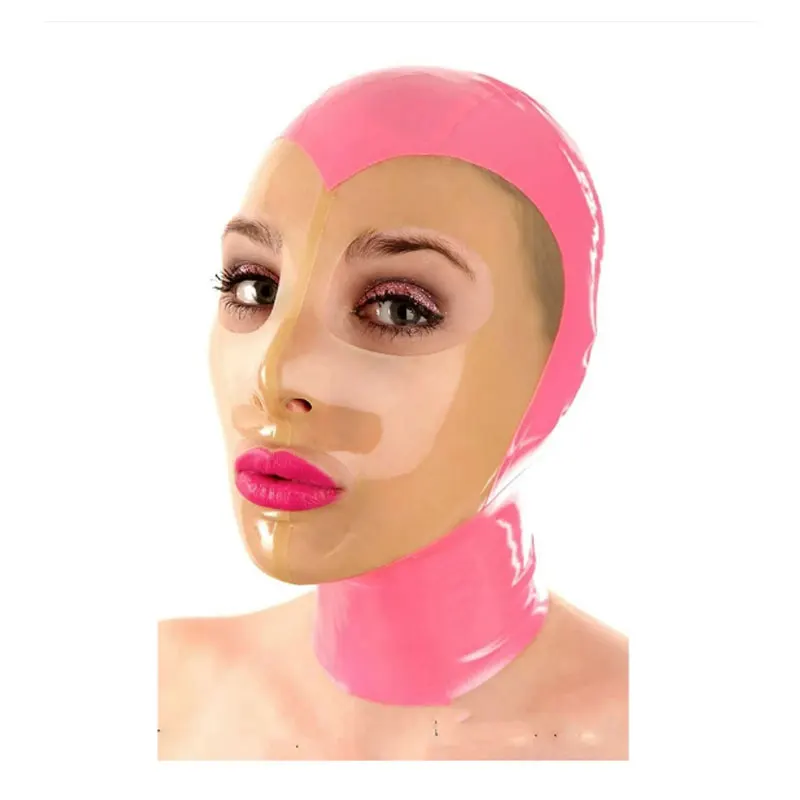 

Handmade Latex Mask Pink with Transparent Rubber Hoods Sexy Fetish Back Zip Cosplay Party Catsuit Clubwear for Women