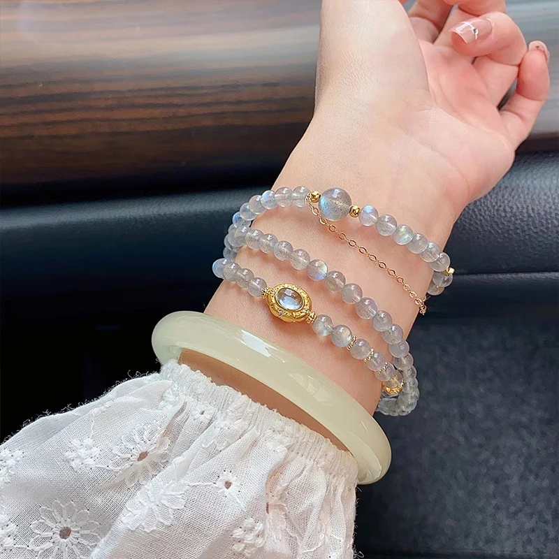 Crystal Ice Grey Moonlight Stone Sea Blue Treasure Blue Light Bracelet Female Three Laps Natural Beads Jewelry Girl Gift