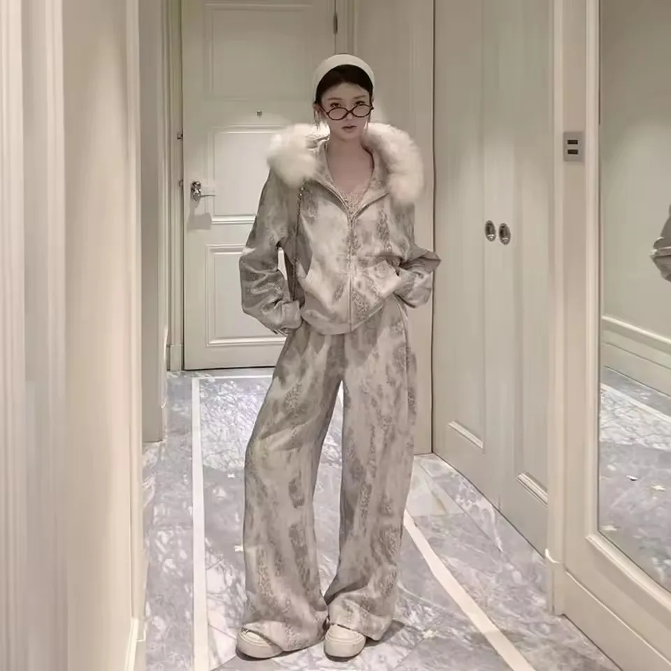 الرجعية ليوبارد طباعة الفراء طوق زمم هوديي دعوى النساء 2025 خريف جديد موضة فضفاض عادية بنطال ذو قصة أرجل واسعة قطعتين مجموعة #5