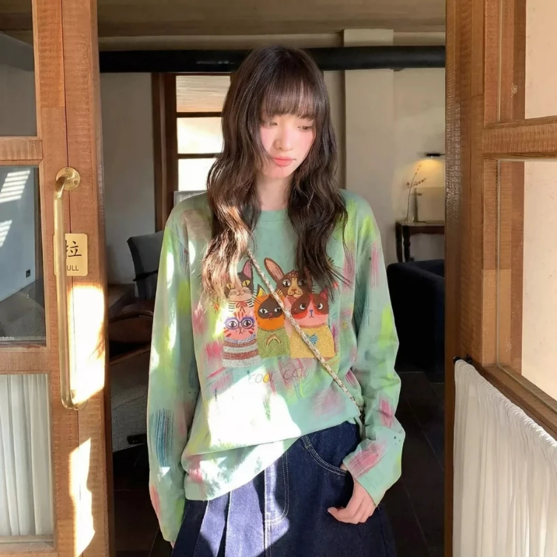 

2026Spring/Summer New Fashion Cartoon Retro Age-Defying Long Sleeve T-Shirt for Women Colorful Tie-Dye Graffiti Trendy Brand Top