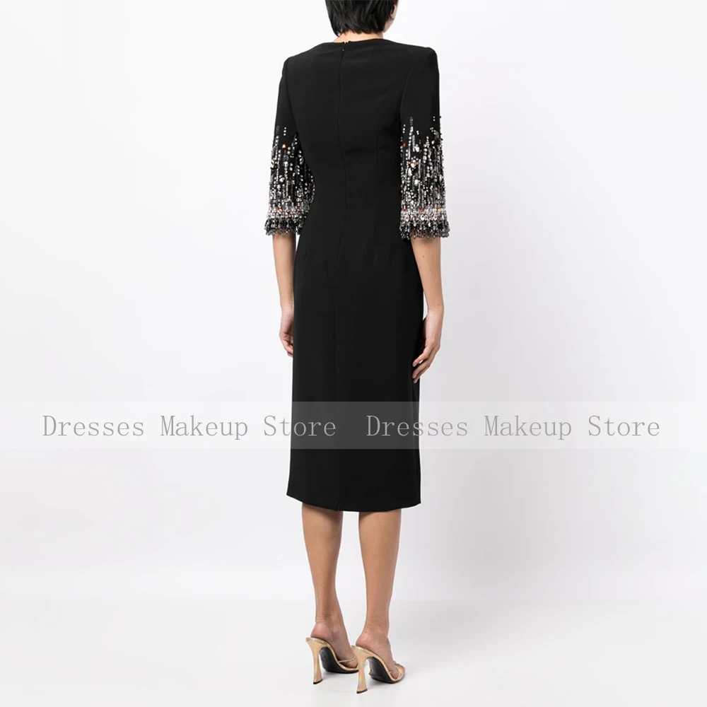 Robe de cocktail mi-longue à col rond pour femmes, robe de soirée perlée, manches 3/4, gaine, colonne, noir, occasion formelle, luxe