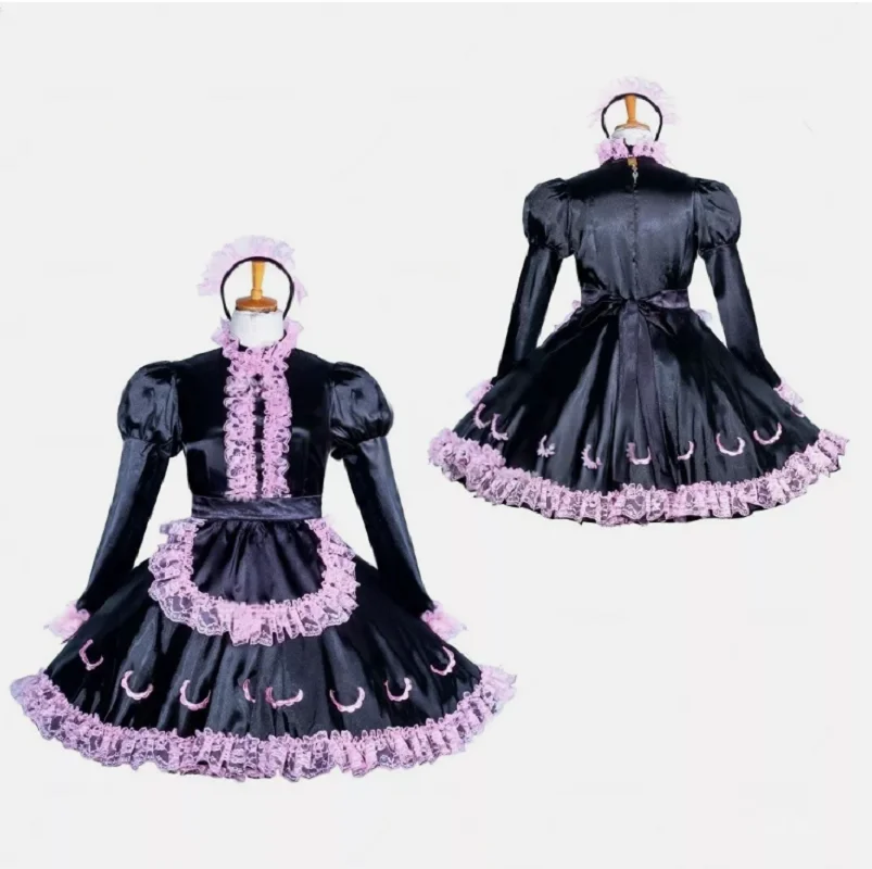 

Maid Girl Sissy Lockable Black satin long sleeve Dress cosplay costume Tailored