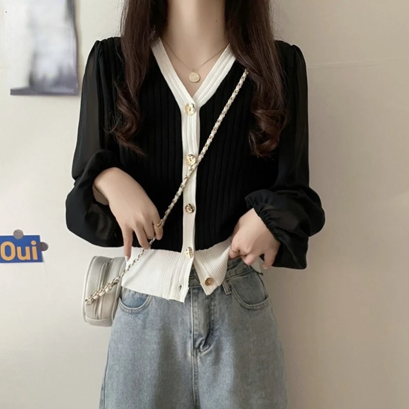 

Кардиган женский в стиле пэчворк с v-образным вырезом High Street Popular Students Official Tender Ulzzang Young Топ Женский Slim Design Sweet Sheer