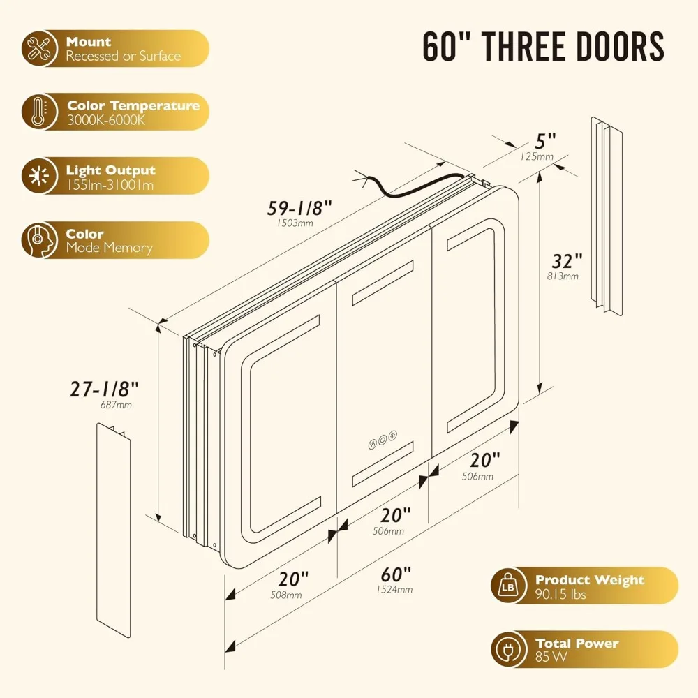 Lustro LED 60''x32'' ze szafką na medycyny, lustro łazienkowe z oświetleniem, montowane na powierzchni, rama ze stopu aluminium, z zimnym i ciepłym światłem